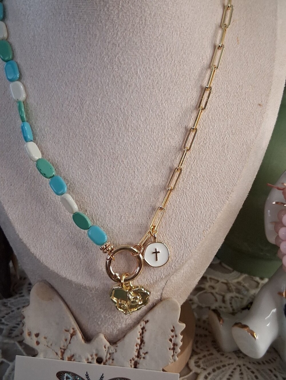 Gold Chain Necklace with Turquoise, White and Green Beads